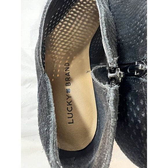 Lucky Brand Baley Black Suede Mesh Block Heel Side Zip Ankle Booties Boots  6.5 - Picture 9 of 14